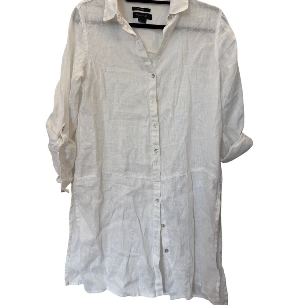 Tahari 100% Linen Button Front Tunic Shirt Small White Roll Tab Sleeve Coastal